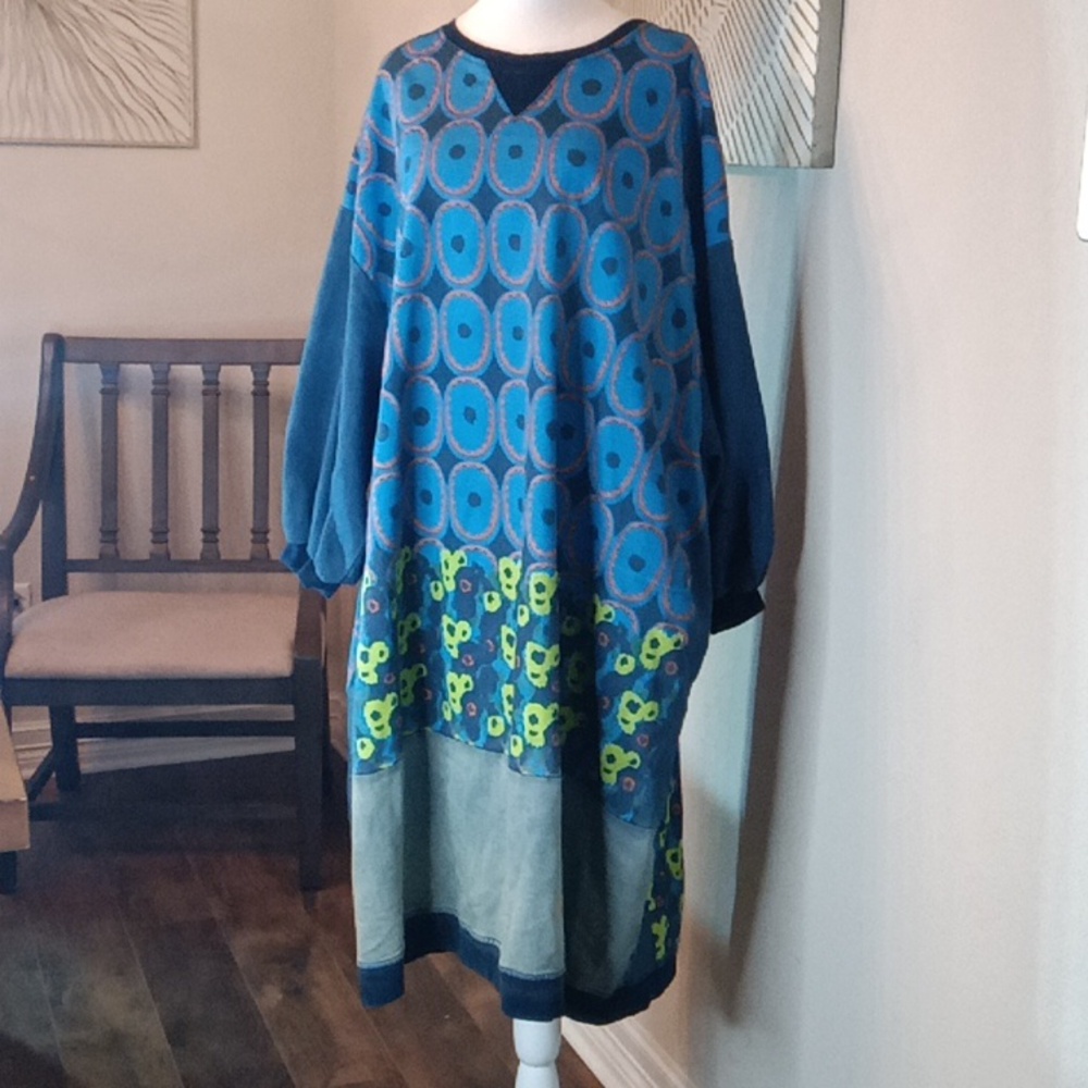 Monthorigin Art To Wear Blue Colorful Oversized Boho Sweatshirt Dress Size L